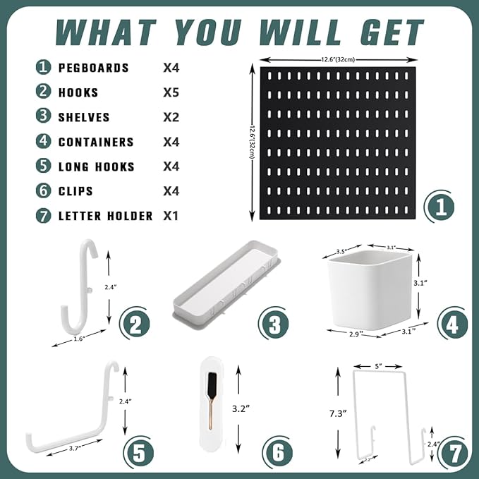 Pegboard Combination Kit, 25.2" x 25.2" Wall Mounted Storage Set with 4 Pegboards & 20 Accessories Hanging, Peg Boards Organizer-Ruum Studio Home