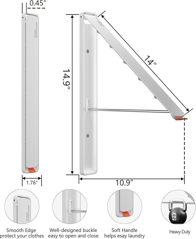 Dr.DJ Clothes Drying Rack Wall Mounted, Retractable & Foldable Clothes Hanger for Laundry Room Organization and Storage, Clothes Hanger Rack for Dorm, Closet, Balcony, Laundry Room(1P, Metal, White)-Ruum Studio Home