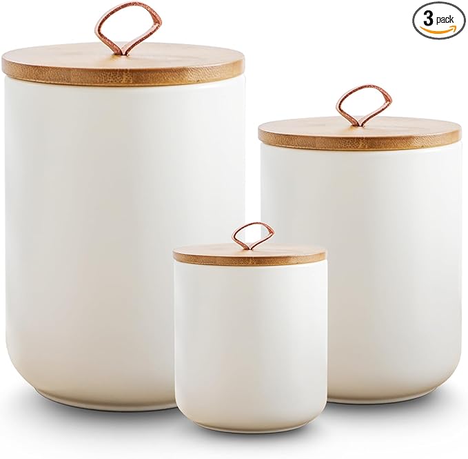 White Ceramic Canister Set with Wooden Lid, 3-Piece Food Storage Jars for Kitchen Counter, Storage Container for Coffee, Tea, Spice, Sugar, Grains, Salt-Ruum Studio Home
