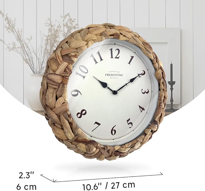 Presentime & Co Farmhouse Series, Rustic Woven Clock, 10.5 inch, Natural Woven Water Hyacinth/Sea Grass. Wall Sculpture, Wall Art and Timepiece for Home Decoration/Decoration/Farmhouse Décor.-Ruum Studio Home