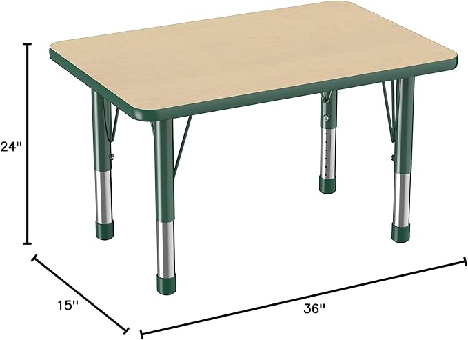 Factory Direct Partners FDP Rectangle Activity School and Classroom Kids Table (24 x 36 inch), Chunky Toddler Leg, Adjustable Height 15-24 inches - Maple Top and Green Edge-Ruum Studio Home