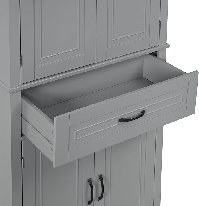 72.2" Tall Storage Cabinet with 4 Doors and Drawer, Freestanding Linen Cabinet, Wooden Pantry with Adjustable Shelf for Kitchen, Bathroom, Living Room, Grey-Ruum Studio Home