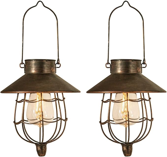 YAKii 2 Pack Solar Lantern Hanging Waterproof Outdoor Metal Solar Lamp with Warm White Light Decorate for Yard Garden Pathway Patio Porch Decor (Antique Copper)-Ruum Studio Home