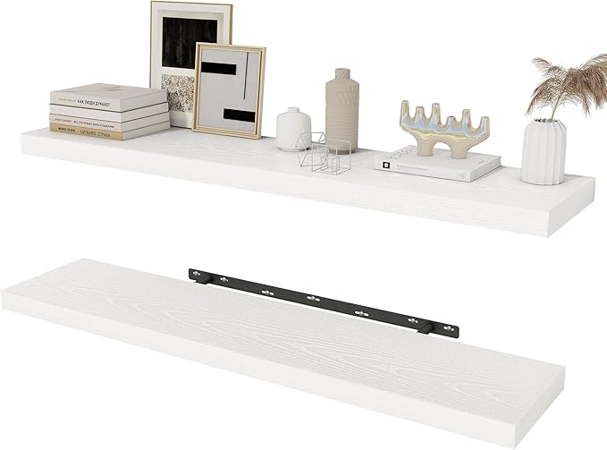 White Floating Shelves Wall Shelf 40 Inch, 8 Inch Deep Floating Shelf for Wall, Farmhouse Black Wood Shelves Invisible Bracket for Living Room, Bedroom, Kitchen, 40 x 8 x 1.4 Inch, Set of 2-Ruum Studio Home