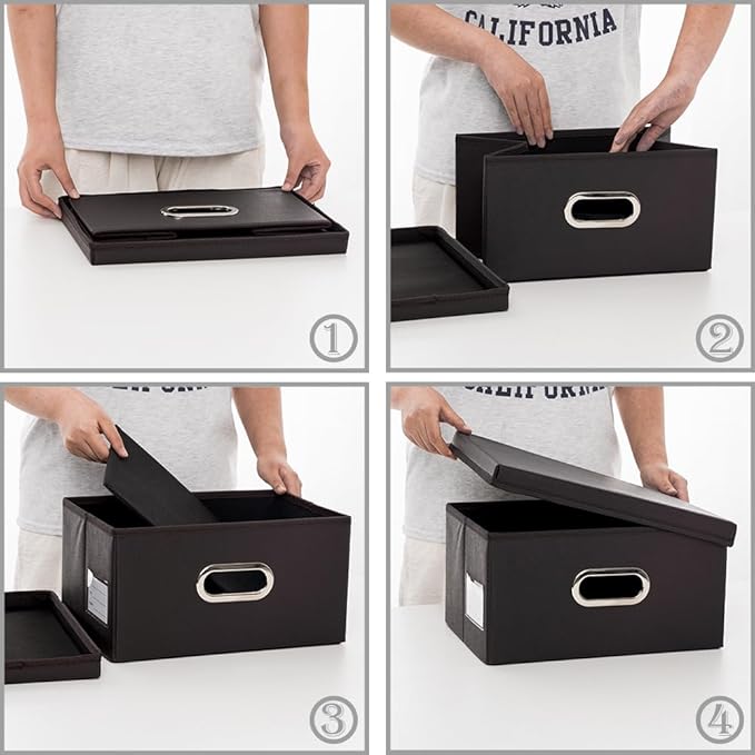PRANDOM Collapsible Storage Box with Lid [3-Pack] Leather Fabric Foldable Storage Bin Organizer Container Basket Cube with Cover for Home Bedroom Closet Office Nursery Black(13.6x9.6x6.9)-Ruum Studio Home