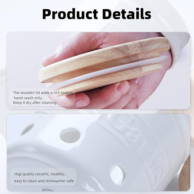 Large Garlic Keeper with Wooden Lid, Ceramic Garlic Holder Storage, Garlic Container for Kitchen, Garlic Saver to Keep Your Garlic Cloves Fresh Longer 4.5-Inch, White-Ruum Studio Home