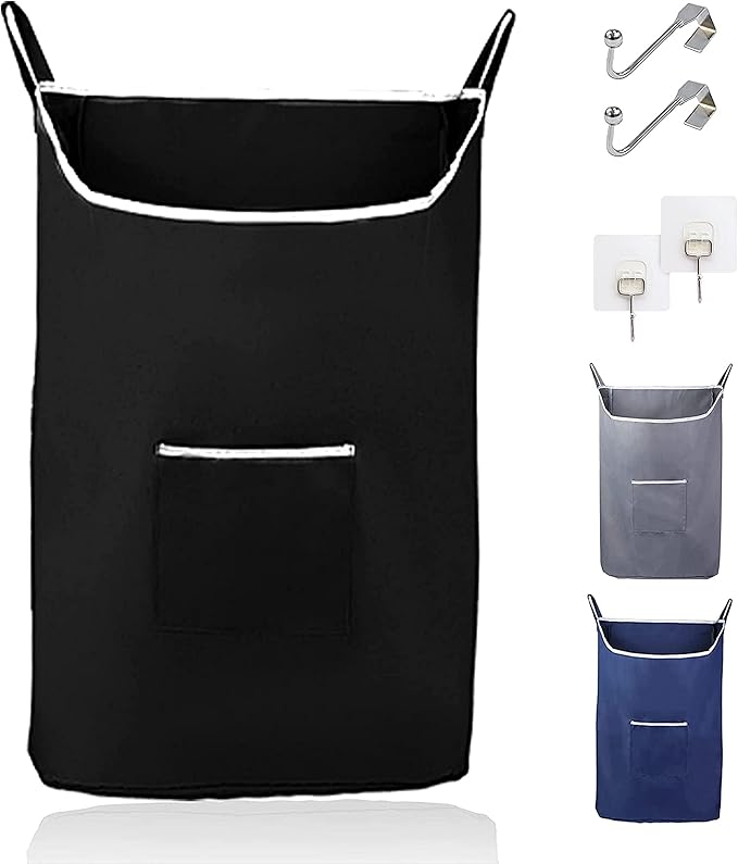 The Fine Living Co. X-Large Hanging Laundry Hamper with Over Door Hooks & Adhesive,Durable Space Saving Laundry Bag with Zipper and Wide Open Top,Hanging Dorm Laundry Hamper 20"x3.75"x31" (Black-XL)-Ruum Studio Home