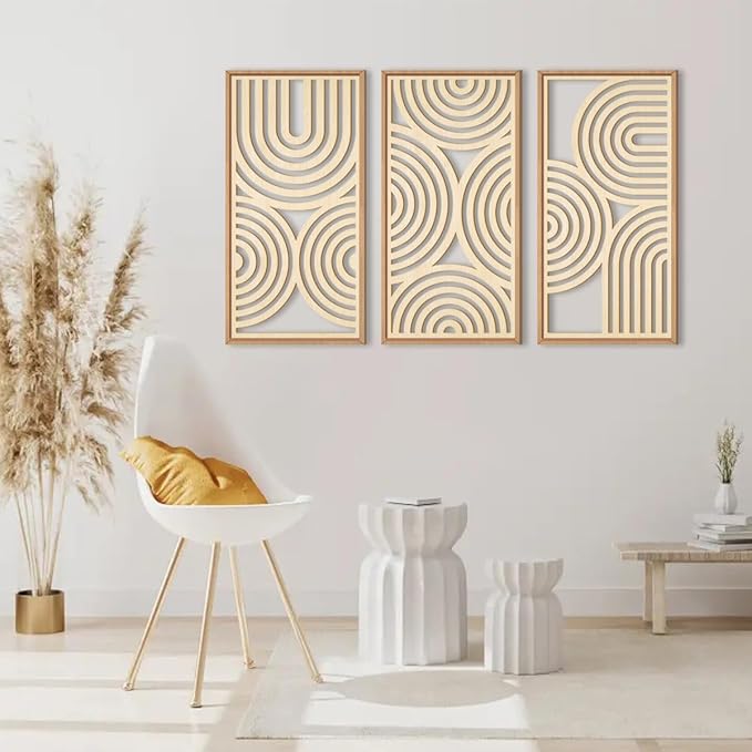IARTTOP Large Boho Wood Wall Art Set of 3 Framed Wooden Mid-century Modern Wall Decor Minimalist Modern Abstract Geometric Decor for Living Room Bedroom Office-16x32 Inch-Ruum Studio Home