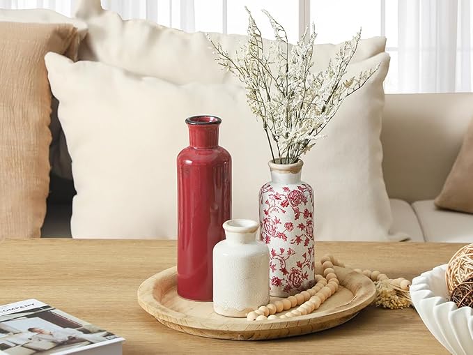 Vintage Vase Set of 3, Ceramic Vintage Flower Vases, Chinoiserie Decorative Home Decor Retro Floral Vase Rustic Farmhouse Decor for Table Bookshelf Mantel Kitchen Living Room Office - Red and White-Ruum Studio Home