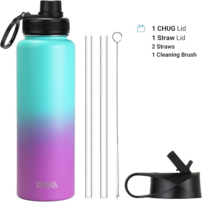 DRINCO Stainless Steel Water Bottle Spout Lid Vacuum Insulated Double Wall Water Bottle Wide Mouth (40oz 32oz 22oz 18oz 14oz) Leak Proof Keep Cold Sport Camping Hiking (40 oz, 40oz Ombre Fuchsia Teal)-Ruum Studio Home