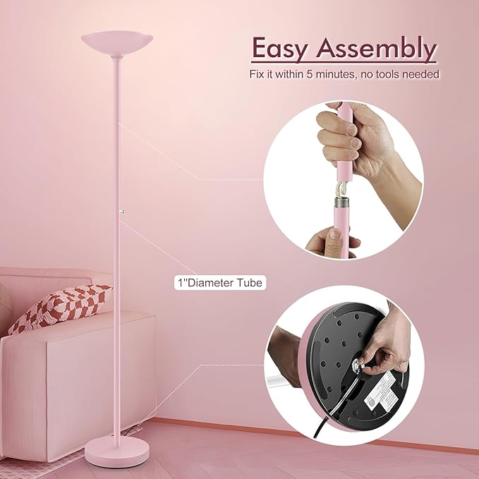 BoostArea Torchiere Floor Lamp Pink, 30W Super Bright LED Standing Lamp, 3000K Stepless Dimmable Pole Lamp with Rotary Switch, 71inch Tall Metal Modern Floor Lamps for Living Room,Bedroom,Home Decor-Ruum Studio Home