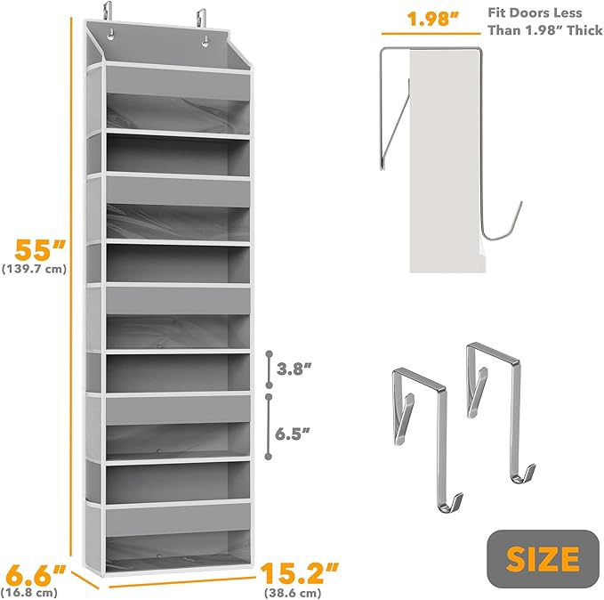 SpaceAid 1 Pack Over The Door Organizer with 5 Large Pockets and 10 Mesh Side Pockets, 5 Layers Door Organizer Hanging with Clear Window for Bedroom, Bathroom, Pantry and Nursery, Gray-Ruum Studio Home