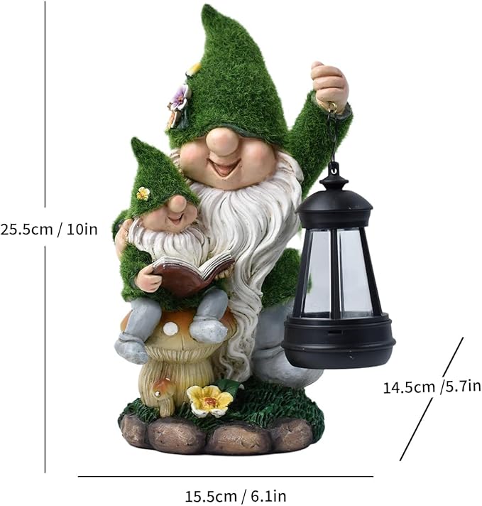 Solar Garden Gnome Statue Flocked Reading Parent & Child Gnomes with LED Light, Outdoor Waterproof Lawn Ornament Decor for Patio Lawn Yard Pathway Gift Idea for Women Mom Mothers Day-Ruum Studio Home