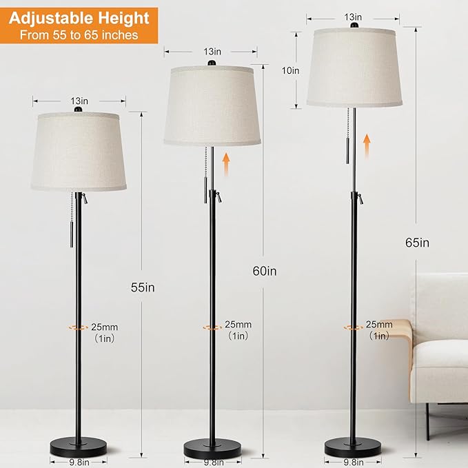 Floor Lamps for Living Room, Black Floor Lamp Adjustable Height Standing Lamp, Dimmable Modern Tall Floor Lamp for Bedroom Office with Beige Linen Shade, 8W 3000K Bulb Included-Ruum Studio Home
