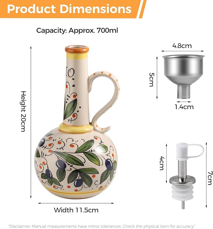Ceramic Olive Oil Dispenser Bottle 23oz with Handles, Hand Painted Multi-Use Oil Cruet & Flower Vase, Decorative Stoneware Kitchen Cruet with Stainless Steel Spout for Oils, Sauces, Vinegar (A)-Ruum Studio Home