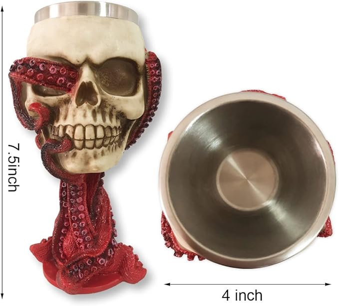 Skull Goblet Chalice Wine Cups Medieval Chalice Skull Cup Stainless Steel 3D Whisky Shot Glasses Realistic Resin Octopus Tentacle Beverage Halloween Drinking Cup Novelty-Ruum Studio Home