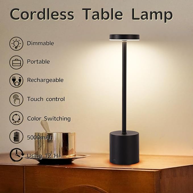 Cordless Table Lamp, 5000mAh Rechargeable Battery Powered LED Desk Lamp, Portable Touch Control Outdoor Table Lamps,3 Color Dimmable Light for Restaurant, Patio, Bedroom, Night Lamp (Black)-Ruum Studio Home