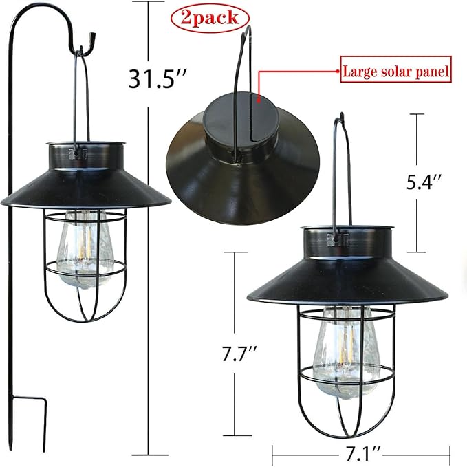 Solar Lantern 2pack Outdoor Hanging Light- Waterproof Vintage Metal Light with Shepherd Hook Decorative for Patio, Backyard, Porch, Yard (Black)-Ruum Studio Home