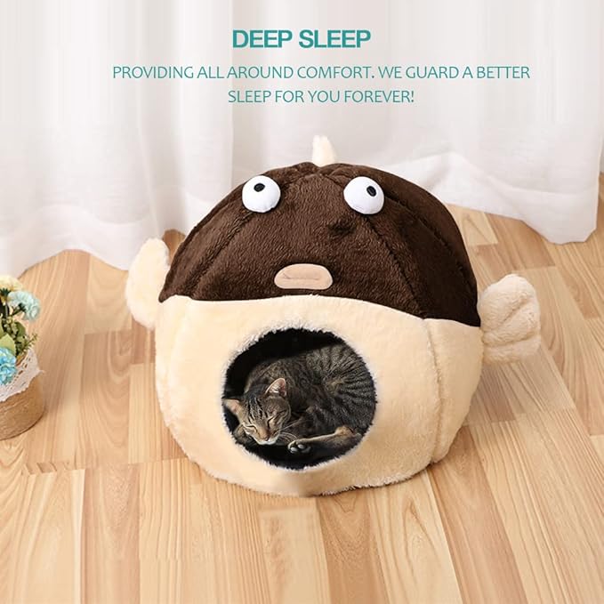 Cat Beds for Indoor Cats - Cat Bed Cave with Removable Washable Cushioned Pillow, Soft Plush Premium Cotton No Deformation Pet Bed, Lively Pufferfish Cat House Design, Brown, Multiple Sizes(L)-Ruum Studio Home