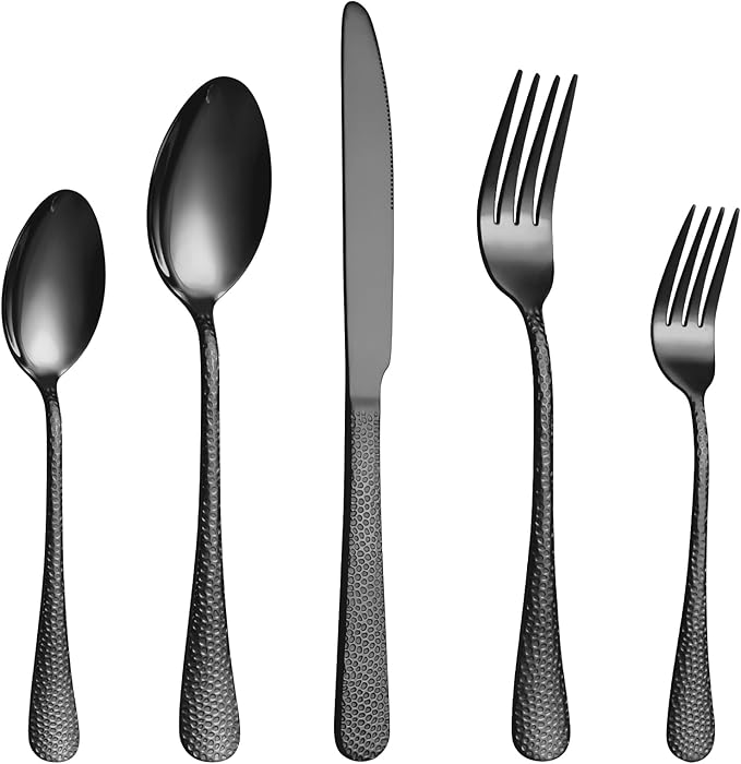 20 Pcs Black Silverware Set for 4 with Hammered Design, Food Grade Stainless Steel Flatware Set, Eating Utensils Sets Include Fork/Knife/Spoon, Cutlery Set, Dishwasher Safe-Ruum Studio Home