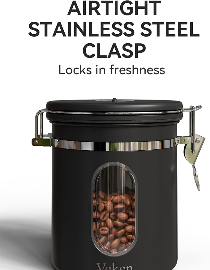Veken Coffee Canister with Window, Airtight Stainless Steel Kitchen Food Storage Container with Lids, Date Tracker and Scoop for Grounds Coffee, Beans, Tea, Flour, Cereal, Sugar Jars, 16OZ, Black-Ruum Studio Home