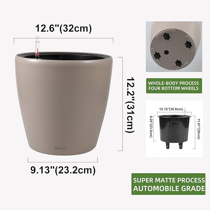 Dexceder 13x12 Self Watering Planter with Wheels Indoor Outdoor, Inner Pot Design, Thickened Large Floor Standing Flower Plant Pot with Water Level Indicator (Taupe Matte)-Ruum Studio Home