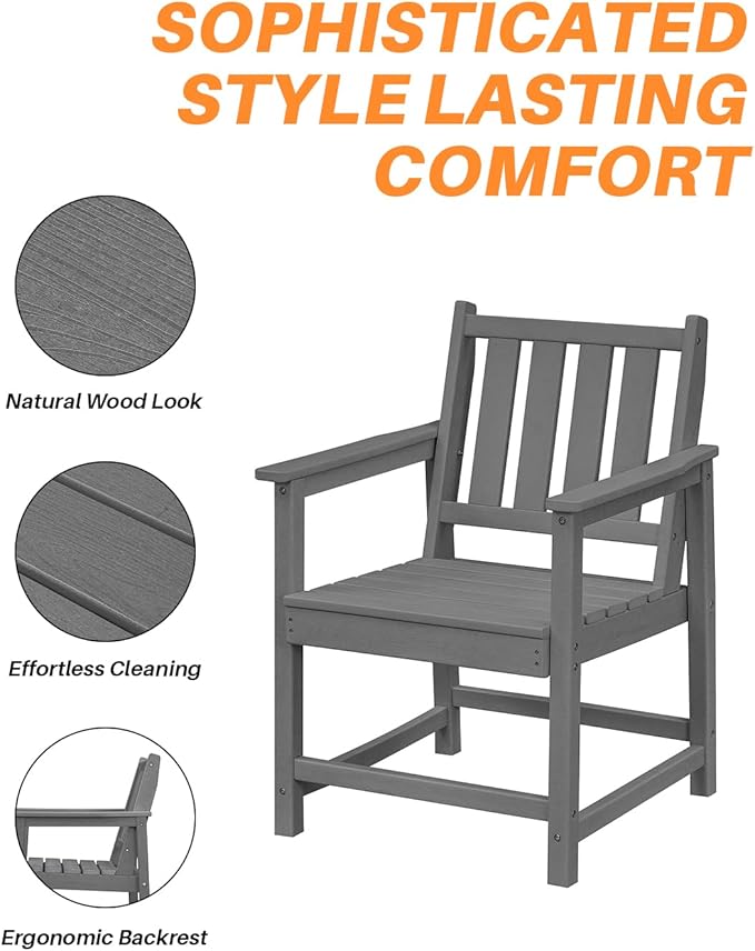 Patio Dining Chair Set of 2, HDPE Outdoor Dining Chair, Ergonomic HDPE Dining Chairs with Deep Seating, All Weather Outdoor Chairs Furniture for Backyard, Deck, Garden, Poolside, Smoke Gray-Ruum Studio Home
