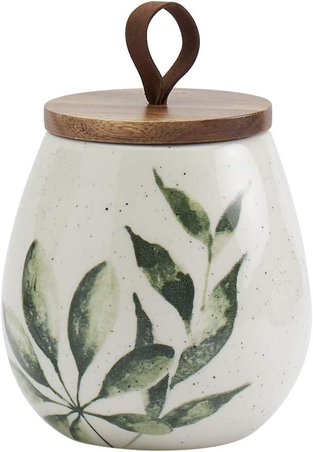 TTU Tabletops Gallery Ceramic Canister Collection- Stoneware Designed Kitchen Storage Acacia Wood White Set, 3 Piece Green Leaf Canister Set-Ruum Studio Home