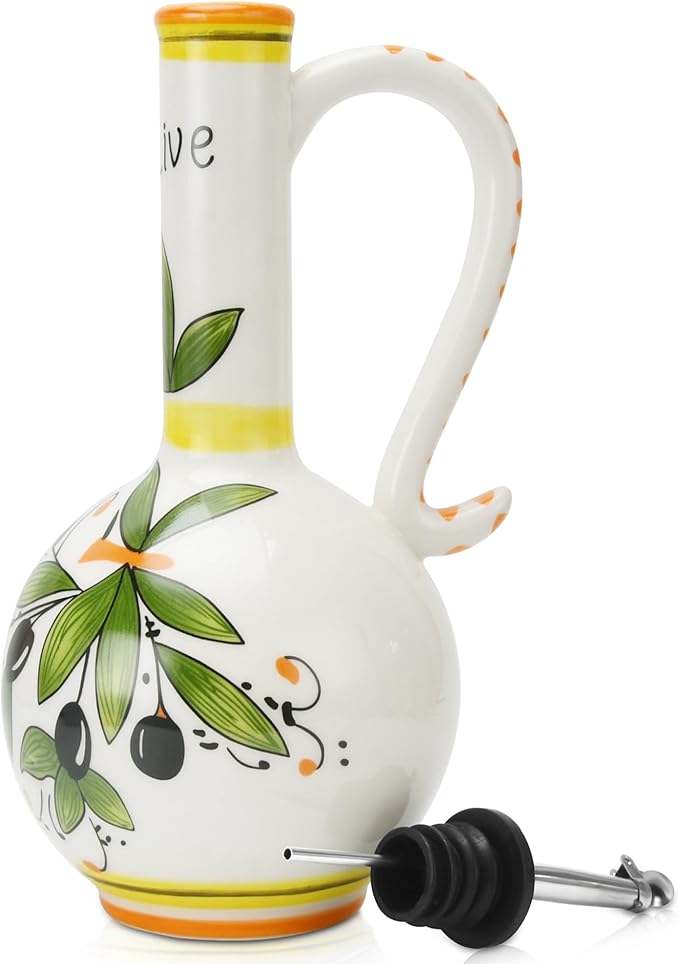 Hand-Painted Ceramic Olive Oil Dispenser Bottle – 15oz Decorative Stoneware Cruet with Stainless Steel Spout for Oil, Vinegar, Syrups, and Sauces-Ruum Studio Home