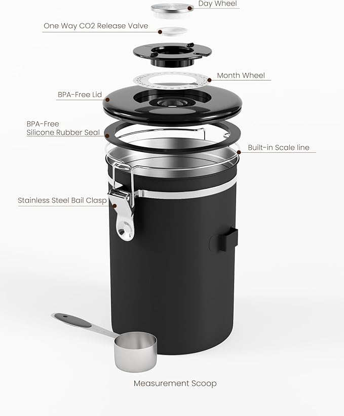 HAIOOU Large Coffee Canister, 38OZ Oversized Stainless Steel Coffee Bean Storage Container with Date Tracker, Measuring Scoop, CO2 Releasing Valves for Beans, Grounds and more - Black-Ruum Studio Home