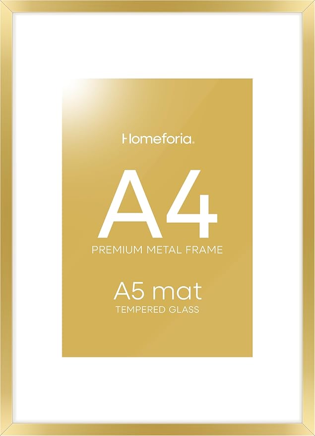 Homeforia A4 Gold Picture Frame, High End Metal 8.3 x 11.7 Frames for Wall or Tabletop, Gold A4 Certificate Frame with Mat A5, 8.3x11.7 Frames Matted to 5.8x8.3 Art, Tempered Glass, Wall Kit, Set of 1-Ruum Studio Home