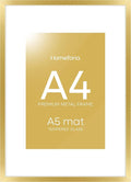 Homeforia A4 Gold Picture Frame, High End Metal 8.3 x 11.7 Frames for Wall or Tabletop, Gold A4 Certificate Frame with Mat A5, 8.3x11.7 Frames Matted to 5.8x8.3 Art, Tempered Glass, Wall Kit, Set of 1-Ruum Studio Home