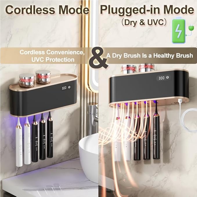UV Toothbrush Sanitizer Holder for 4 | Wall Mounted Toothbrush Holder for Bathroom with Fan Drying | USB Rechargeable Toothbrush Cleaner & Sterilizer, No Drill Install, Modern Design (Black)-Ruum Studio Home