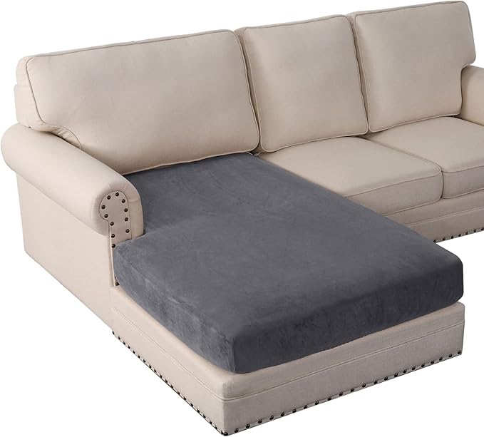 PrinceDeco Sectional Couch Covers Velvet Couch Cover for Dogs Washable L Shaped Couch Cover 1 Piece Individual Sectional Couch Covers with Elastic Bottom(Chaise Lounge,Grey)-Ruum Studio Home