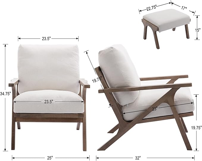 chairus 2 Sets Mid-Century Modern Accent Chairs with Ottoman, Linen Fabric Armchair with Wood Legs Comfy Upholstered Single Sofa Chair for Living Room/Bedroom/Lounge, White-Ruum Studio Home
