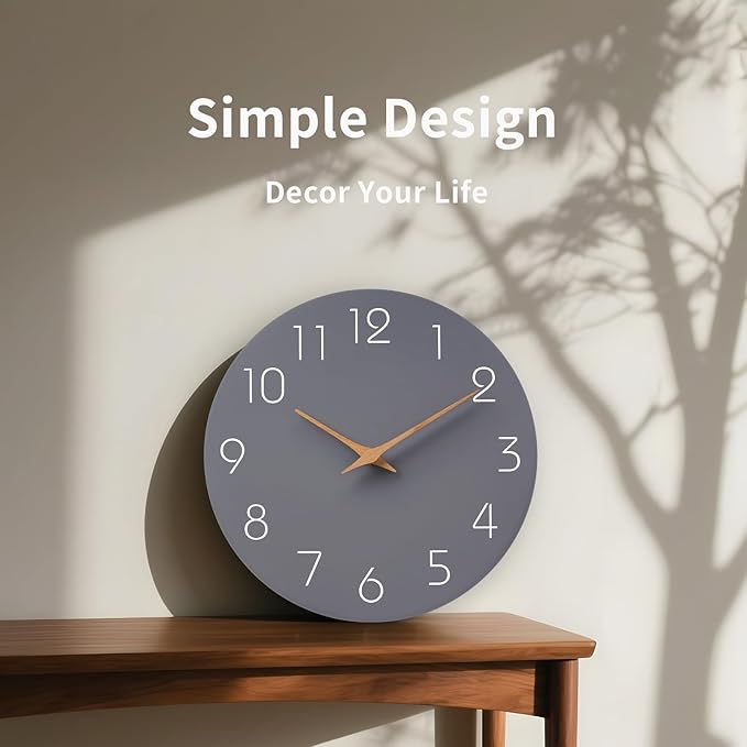 Mosewa Wall Clock 12 Inch Gray Silent Non Ticking Battery Operated Modern Simple Wooden Clock Decorative for Kitchen Home Bedroom Bathroom Office Living Room-Ruum Studio Home