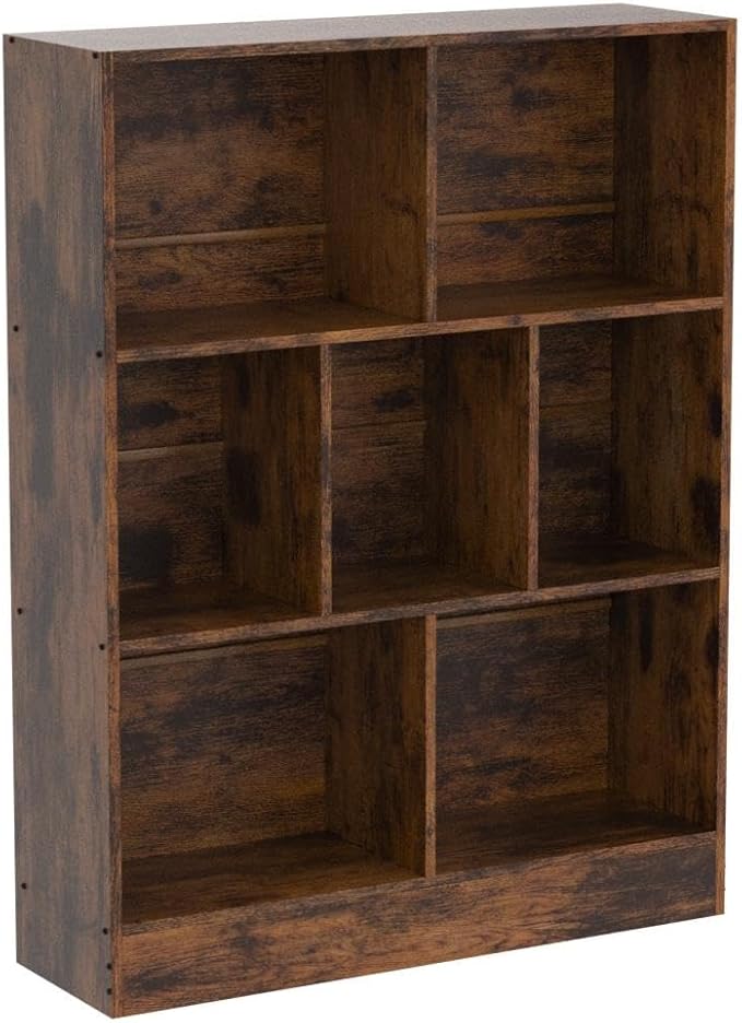 LEYAOYAO 7 Cube Bookshelf with Base,3 Tier Mid-Century Modern Brown Bookcase,Standing Wide Bookshelves Storage Organizer Shelf,Rustic Wood Display Cabinet Book Shelves for Bedroom,Living Room,Office-Ruum Studio Home