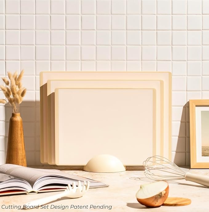 SMIRLY Plastic Cutting Board Set with Holder 3 Pieces, Non-Slip Dishwasher Safe Chopping Boards for Kitchen, Cream White-Ruum Studio Home