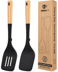 Pack of 2 Large Silicone Spatula, Heat Resistant Solid Turner, Non Stick Slotted Spatulas with Wooden Handle, Ideal Kitchen Utensils for Flipping, Pancakes, Eggs, Fish(BLACK)-Ruum Studio Home