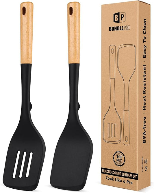 Pack of 2 Large Silicone Spatula, Heat Resistant Solid Turner, Non Stick Slotted Spatulas with Wooden Handle, Ideal Kitchen Utensils for Flipping, Pancakes, Eggs, Fish(BLACK)-Ruum Studio Home