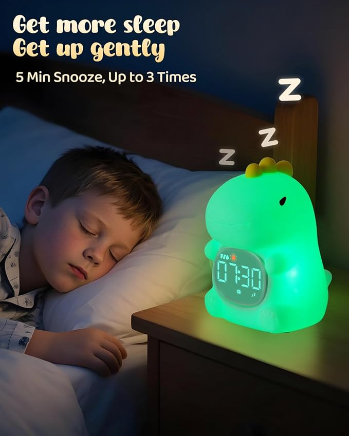 Dinosaus Alarm Clock for Kids with Night Light, Sleep Training Clock Time to Wake Clock, Rechargeable Silicone Light for Bedroom, Perfect Sleep Companion for Boys Girls-Ruum Studio Home