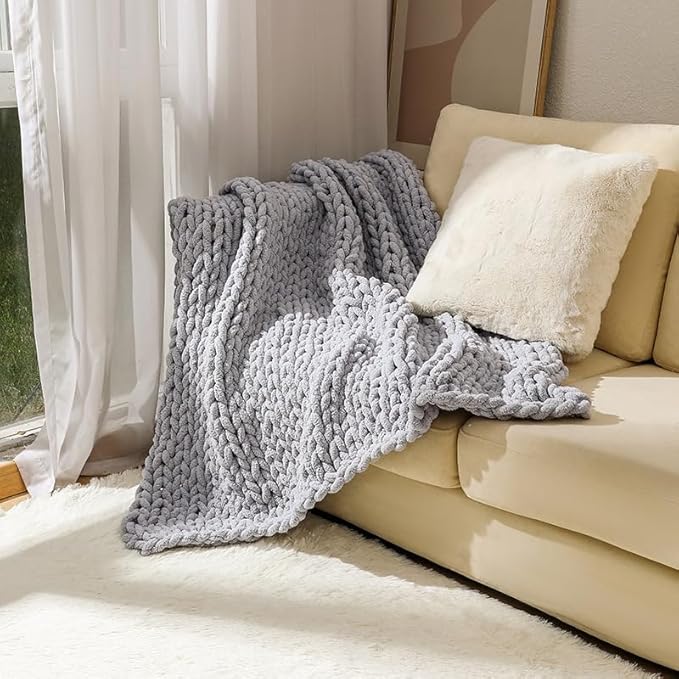 Chunky Knit Blanket Throw 48"*71", Hand Knitted Warm Chenille Throw Blanket, Home Decor Soft Thick Yarn Cable Knit Blanket,Soft Breathable Fleece Banket Christmas for Couch Bed Sofa Best Gift (Gray)-Ruum Studio Home