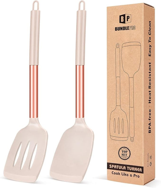 Pack of 2 Silicone Solid Turner, Non Stick Slotted Kitchen Spatulas, High Heat Resistant BPA Free Cooking Utensils, Ideal Cookware for Fish, Eggs, Pancakes(Rose Gold Khaki)-Ruum Studio Home