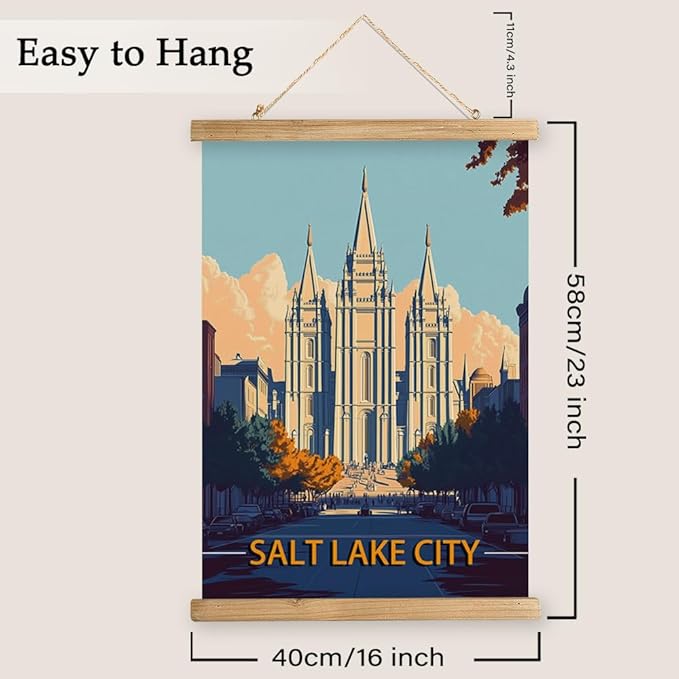WREVERW Vintage Salt Lake City Poster Canvas Print with Wooden Hanger Frame, Featuring the Historic Salt Lake Temple, Wall Art for Home and Office Decor, 16x23 inches-Ruum Studio Home