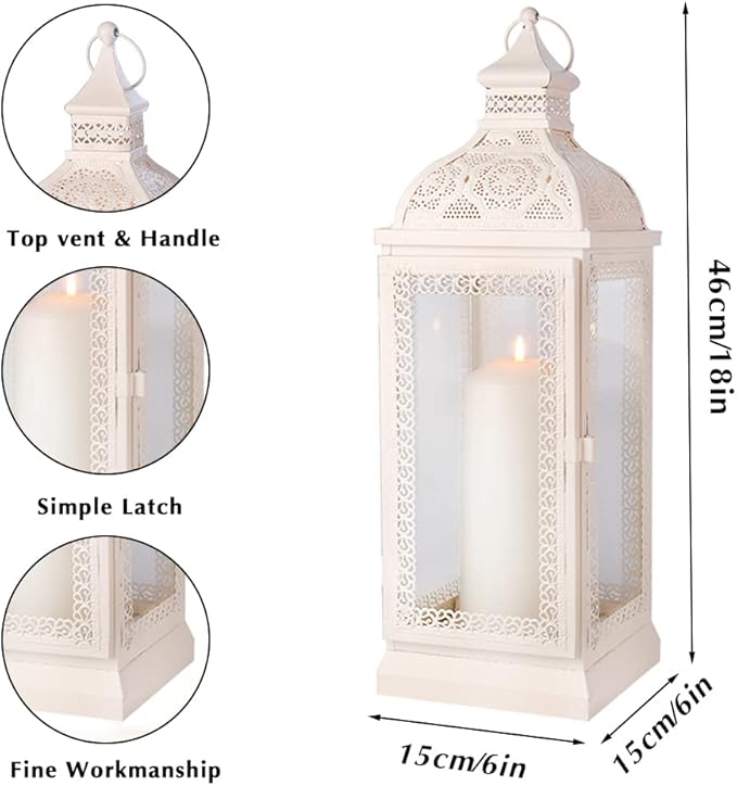 TRIROCKS Rustic Style Metal Candle Lantern 19'' High Decorative Hanging Lantern Candle Holder with Tempered Glass for Christmas Living Room Garden Yard Patio Parties Events Indoors Outdoors(Cream)-Ruum Studio Home