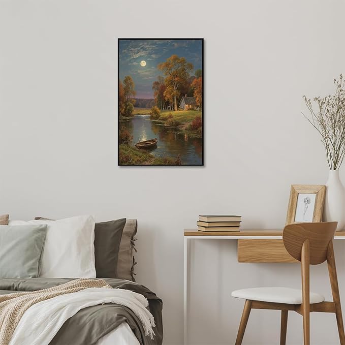 Small house by the stream under the moonlight tranquil style suitable for living room bedroom and office landscape poster wall art-Ruum Studio Home