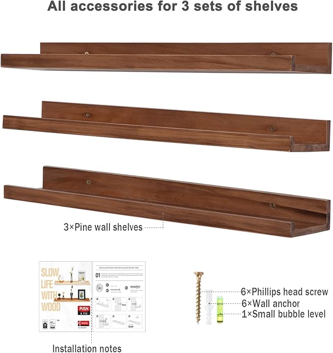 AZSKY Floating Photo Shelves Fair Light Walnut 24 Inch Picture Ledge for Storage Wall Book Shelves Hanging Picture Photo Frame Ledge Shelves with Lip a Set of 3 Same Sizes Kitchen Spice Rack-Ruum Studio Home