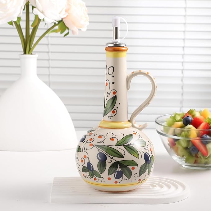 Ceramic Olive Oil Dispenser Bottle 23oz with Handles, Hand Painted Multi-Use Oil Cruet & Flower Vase, Decorative Stoneware Kitchen Cruet with Stainless Steel Spout for Oils, Sauces, Vinegar (A)-Ruum Studio Home