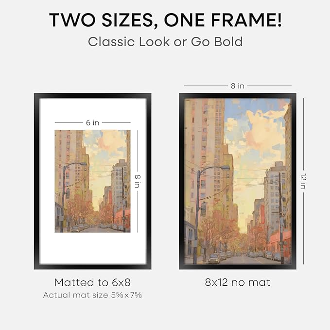 Homeforia 8x12 Picture Frame Black, High End Metal 8 x 12 Poster Frames with Mat 6 by 8 for Photo, 12x8 Frame Matted to 6x8 inch Print, 8by12 Wall or Tabletop Frame, Tempered Glass, Wall Kit, Set of 1-Ruum Studio Home