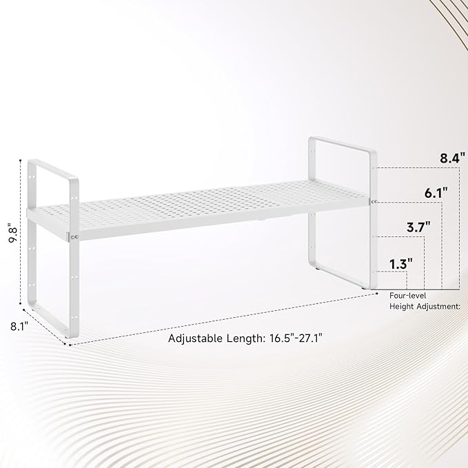 Hole Pattern Expandable Shelf Organizer,1Pack 8.1" Wide Easy to Assemble Cabinet Organizer Shelf, 16.5~27.1" Adjustable Height&Stackable Spice Organization for Cupboard, White-Ruum Studio Home